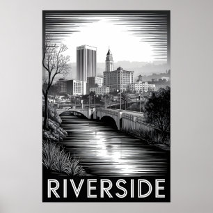 Affiche Riverside Californie Gravure sur bois noir et blan