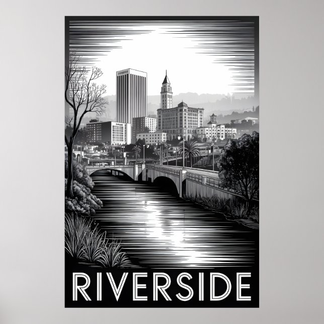 Affiche Riverside Californie Gravure sur bois noir et blan (Devant)