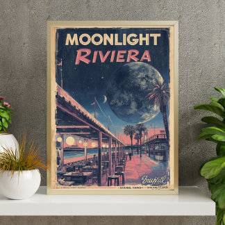 Affiche Riviera au Clair de Lune  Fantaisie Lunaire Promen