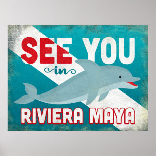 Affiche Riviera Maya Dolphin - Vintage voyage rétro