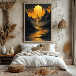 Affiche Rivière au Clair de Lune Doré en Or Monochrome