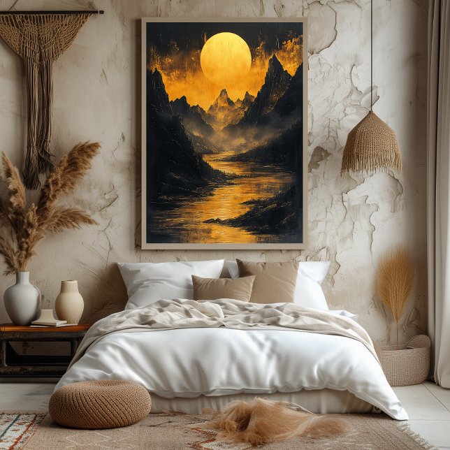 Affiche Rivière au Clair de Lune Doré en Or Monochrome (Créateur téléchargé)