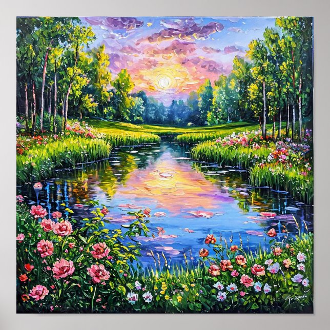 Affiche Rivière avec paysage artistique de fleurs en fleur (Devant)