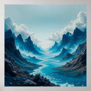 Affiche Rivière bleue sereine coulant au milieu d'une mont