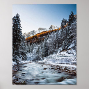 Affiche Rivière d'automne et d'hiver, forêt et montagnes