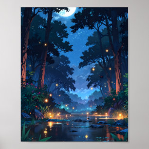 Affiche Rivière de forêt au clair de lune