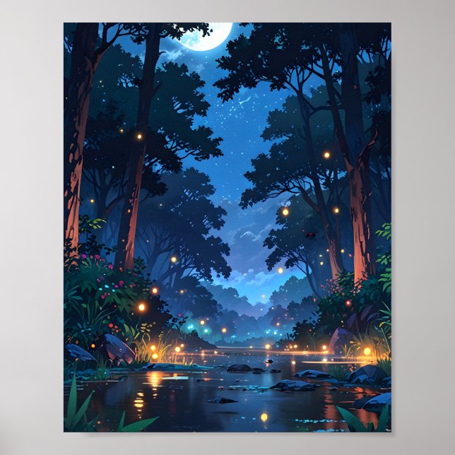 Affiche Rivière de forêt au clair de lune (Devant)
