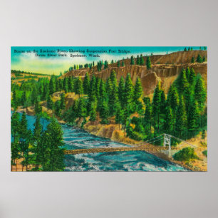 Affiche Rivière de Spokane et pont de pied de suspension
