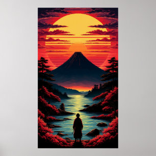 Affiche Rivière du coucher de soleil avec volcan
