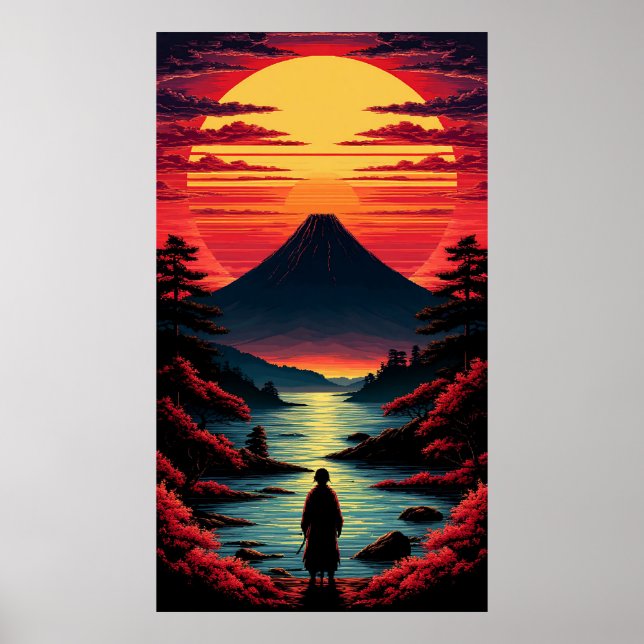 Affiche Rivière du coucher de soleil avec volcan (Devant)