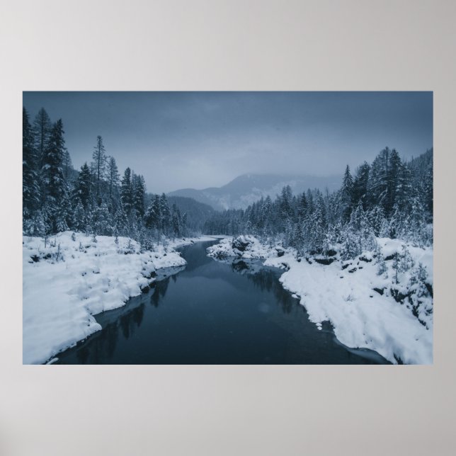 AFFICHE RIVIÈRE ENTOURÉE D'UN CHAMP DE NEIGE COUVERT DE PI (Devant)