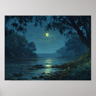 Affiche Rivière nocturne enchantée et paysage de lucioles