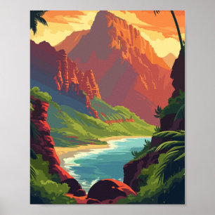 Affiche Rivière Sunset Canyon - Montagne Pittoresque Rétro