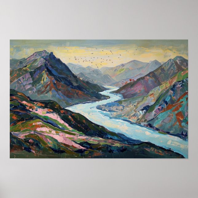 Affiche Rivière Tranquil, Montagne Hues Illustration Rétro (Devant)