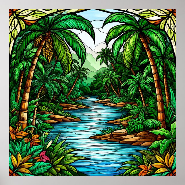 Affiche Rivière tropicale et palmiers dans une jungle vibr (Devant)