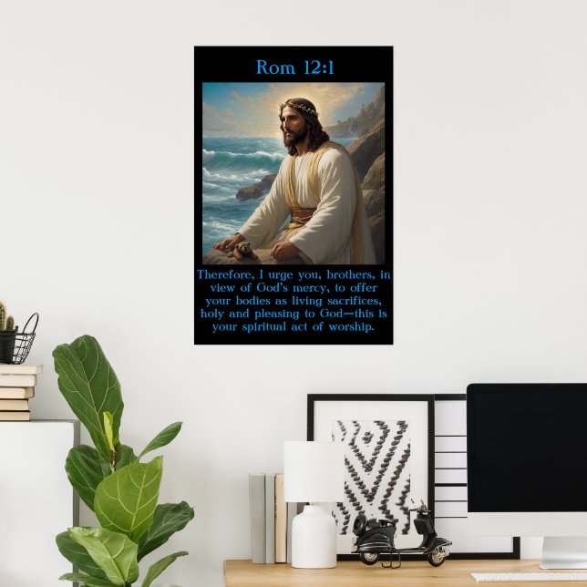 Affiche Rm 12:1 Jésus près de l'océan calme (Bureau à domicile)