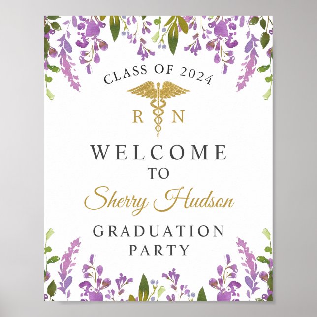 Affiche RN Nursing Graduation Purple Floral Welcome (Devant)