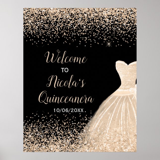 Affiche Robe Champagne Faux Parties scintillant Quinceaner (Devant)