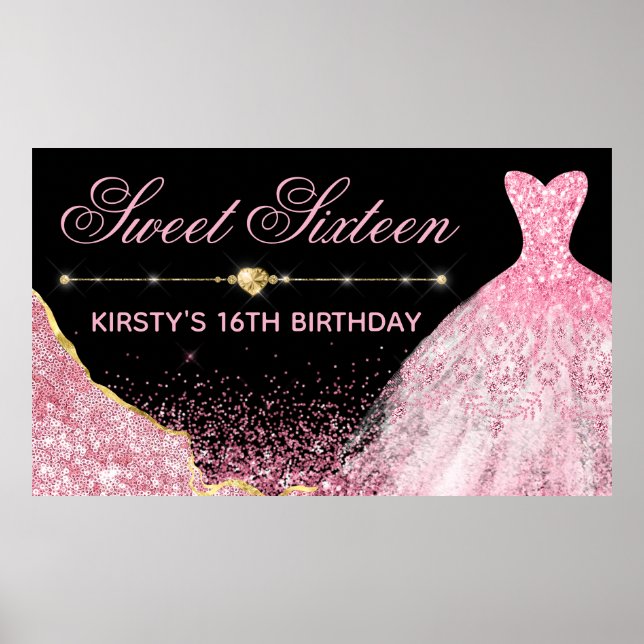 Affiche Robe d'aquarelle rose et bordure de glam Sweet 16 (Devant)