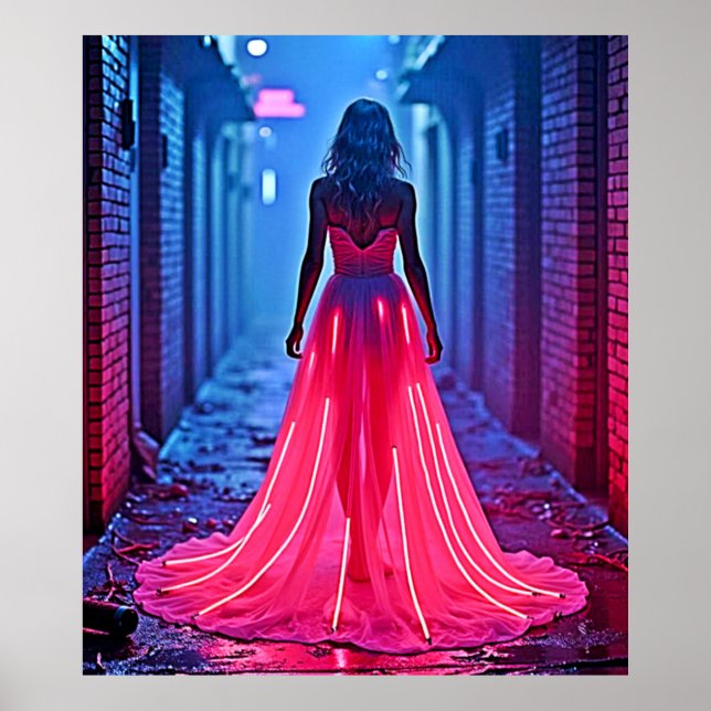 Affiche Robe de lumière rose cyberpunk dans une allée myst (Devant)