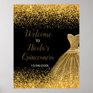 Affiche Robe dorée Faux Paillettes Quinceanera Bienvenue