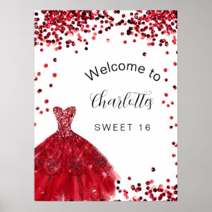 Affiche Robe rouge et blanche Bienvenue à la fête Sweet 16