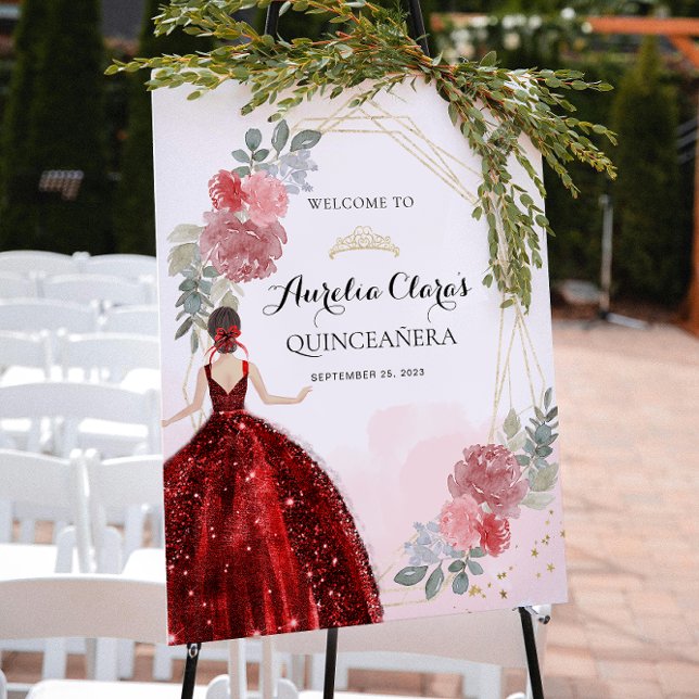 Affiche Robe rouge Floral Geometry Quinceañera Anniversair (Créateur téléchargé)