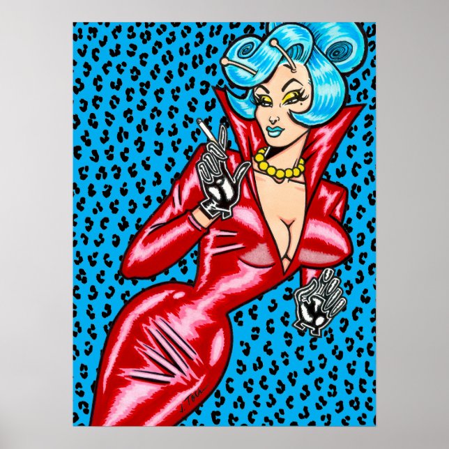 Affiche Robe Vana DeVinyl™/Vinyle Rouge/Léopard Bleu (Devant)
