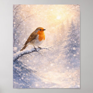 Affiche Robin Bird Matin d'Hiver Peinture Aquarelle Murale