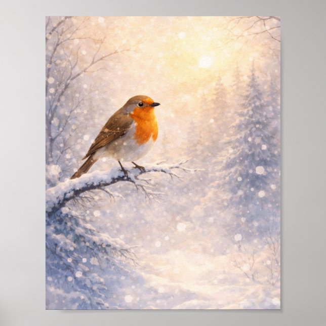 Affiche Robin Bird Matin d'Hiver Peinture Aquarelle Murale (Devant)
