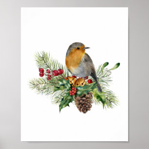 Affiche Robin, pin, sucres de canne, poinsettia Noël