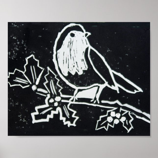 Affiche Robin rouge de Noël avec Holly en noir et blanc (Devant)