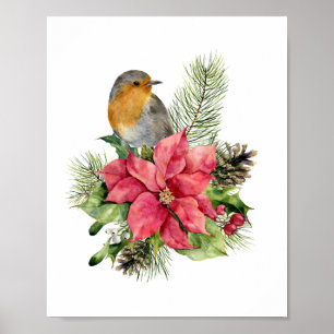 Affiche Robin rouge, Poinsettia, pin, Noël sacré