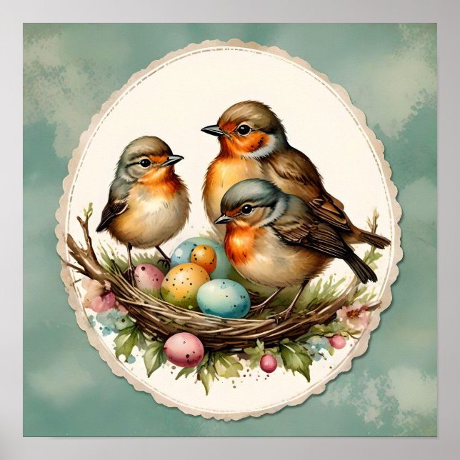 Affiche Robins de printemps pour bébé en bois. Printemps.  (Devant)