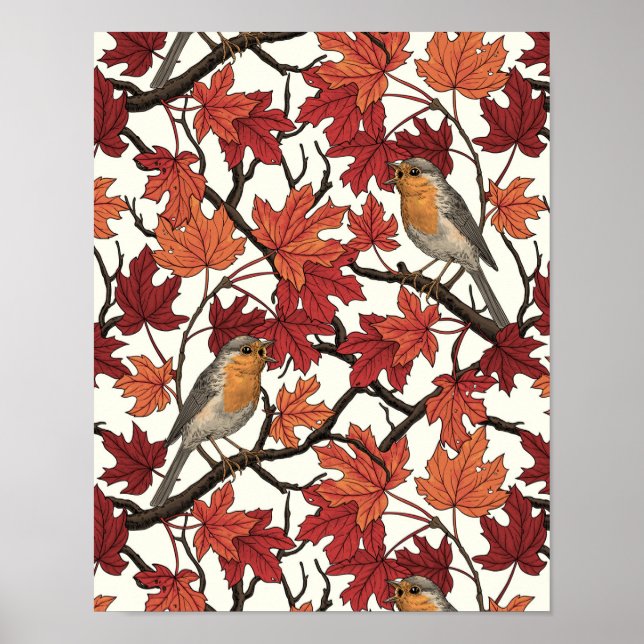Affiche Robins in maple tree on off white (Devant)