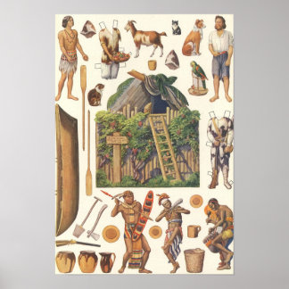 Affiche Robinson Crusoé, jouets en papier vintage victorie