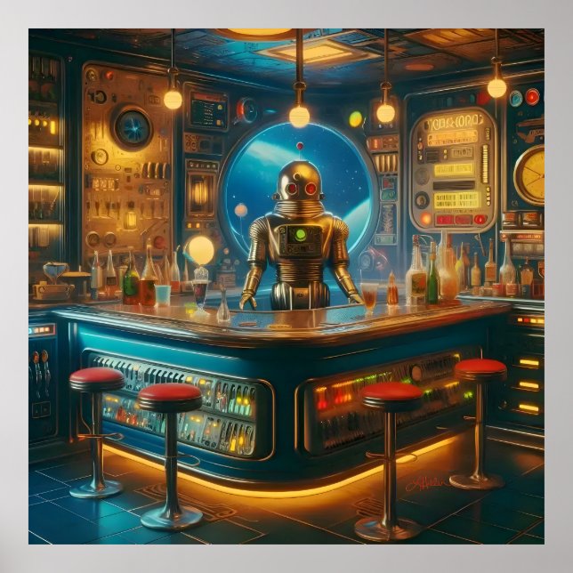 Affiche Robot Barman dans le bar interstellaire démodé de  (Devant)