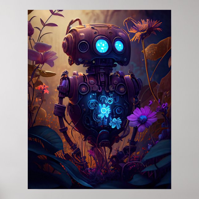 Affiche Robot bleu brillant & Fleurs violettes (Devant)