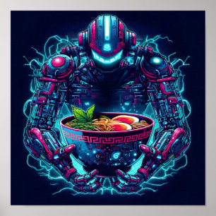 Affiche Robot Cyberpunk Futuriste Neon Nourriture Ramen