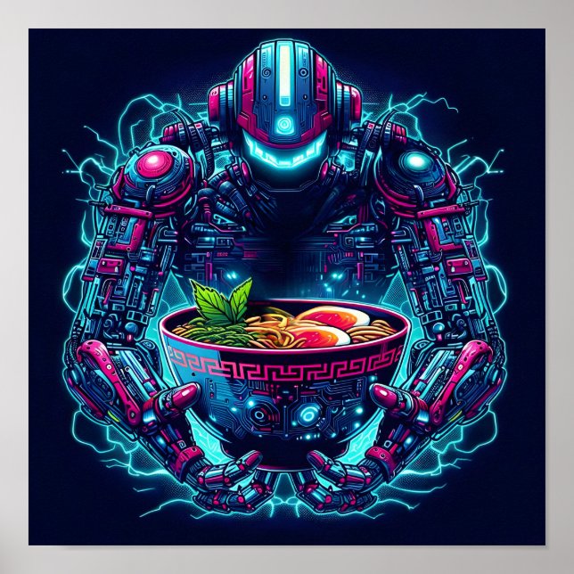 Affiche Robot Cyberpunk Futuriste Neon Nourriture Ramen (Devant)