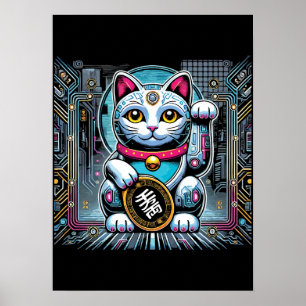 Affiche Robot Cyberpunk Maneki Neko Chat Lucky, Argent