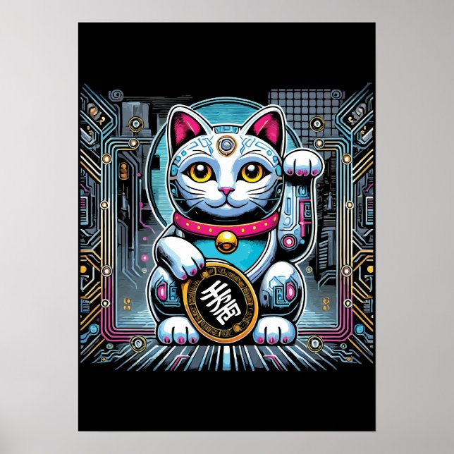 Affiche Robot Cyberpunk Maneki Neko Chat Lucky, Argent (Devant)