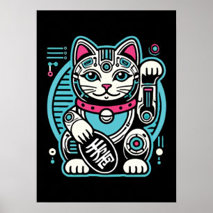Affiche Robot Cyberpunk Maneki Neko Chat Lucky, Argent