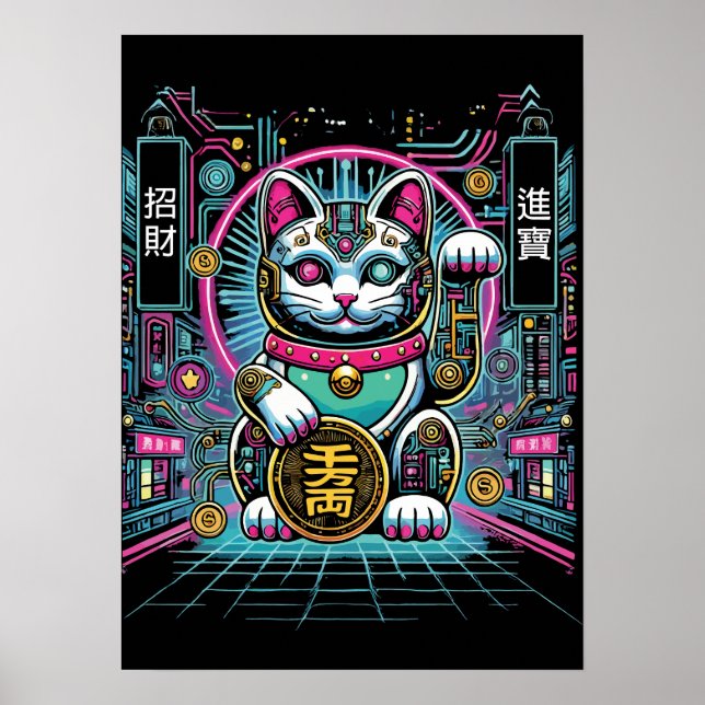 Affiche Robot Cyberpunk Maneki Neko Chat Lucky, Argent (Devant)