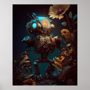 Affiche Robot et fleurs futuristes Steampunk
