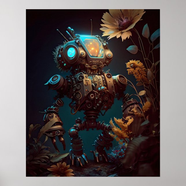 Affiche Robot et fleurs futuristes Steampunk (Devant)