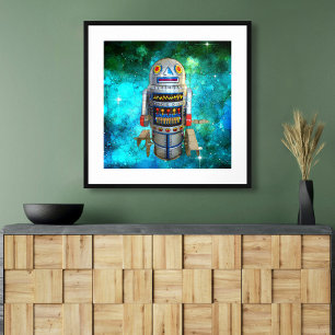 Affiche robot jouet en métal vintage en galaxie bleue joli