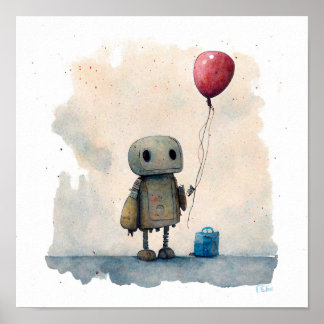 Affiche "Robot solitaire avec ballon" - Peinture aquarelle