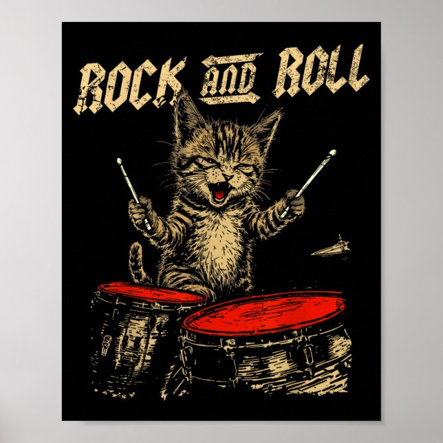 Affiche Rock And Roll Funny Cat Playing Drum For Men Women (Devant)