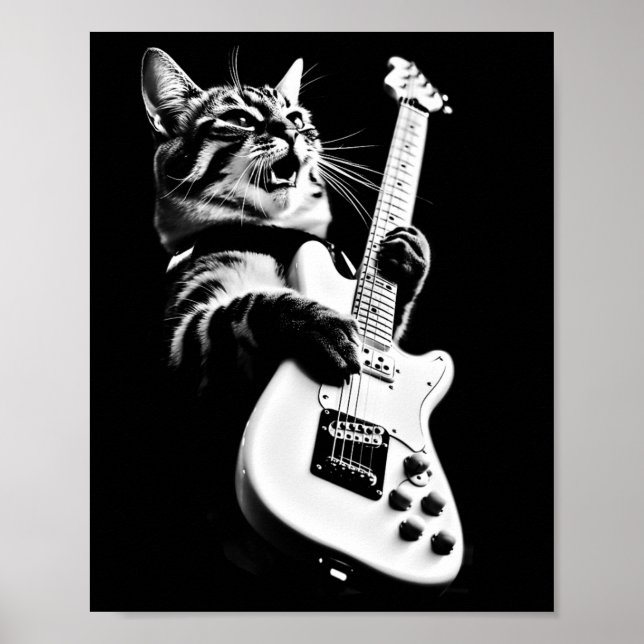 Affiche Rock Chat Jouer Guitare - Funny Guitare Chat 1 (Devant)
